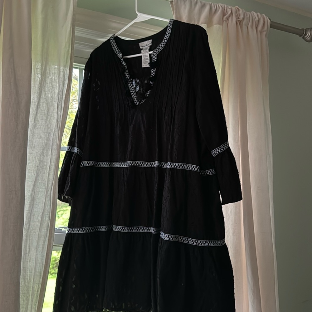 TOMMY BAHAMA Women's Black Embroidered Tassel V-neck Cotton Dress Size XL